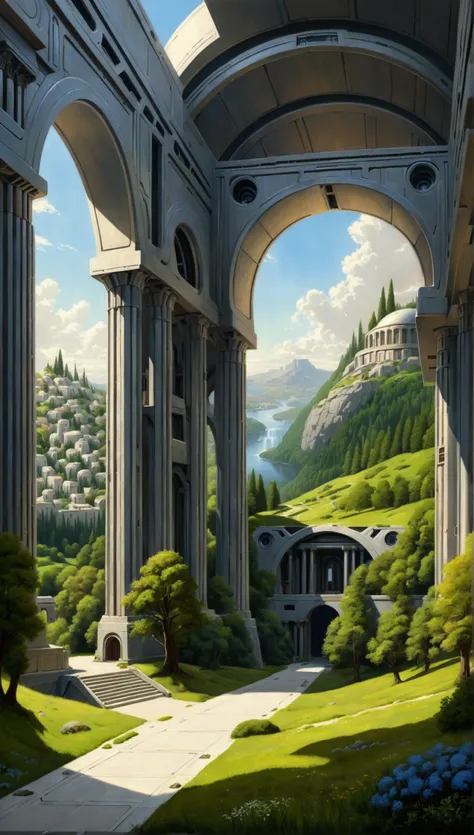 ralph-mcquarrie style, sci-fi greek architecture, beautiful forest meadow scene, tall buildings, open green spaces, oil painting, highly detailed, photorealistic, 8k, best quality