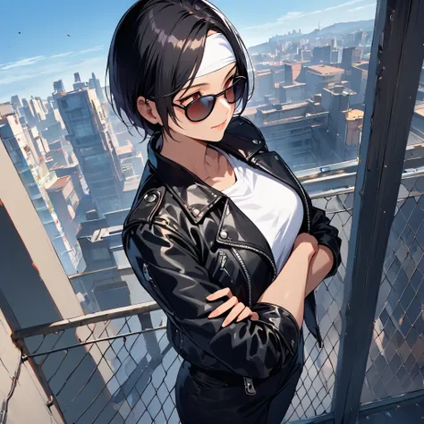 One woman standing, (leaning against wire mesh), (looking up at sky), dressed in ((black leather jacket with rolled up arms)), ((white headband)), white T-shirt, black slacks, brown belt, white shoes, shorthair, dark skin, red eyes, mature woman, /(black h...