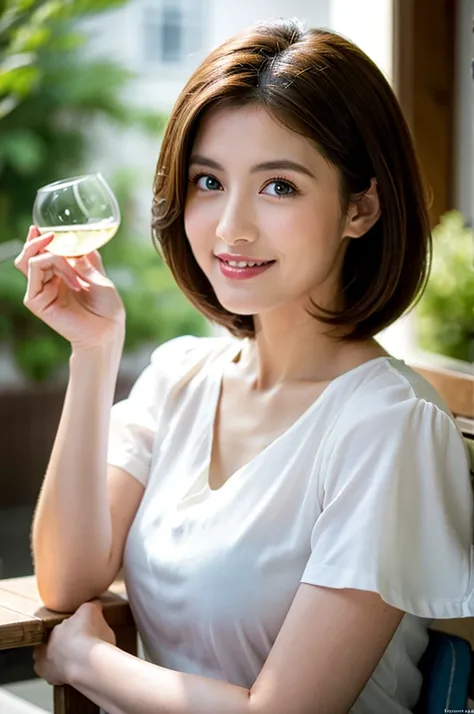 ((White Wine)),((Wine Glasses)),(Realistic, 超Realistic:1.4), 16K HDR, High resolution,((White Wine)),((Wine Glasses)),Happy smile、short hair,The best smile、Japanese actress,so beautiful(It looks like the real thing),dress、Slim couple、Model Couple、(Realisti...