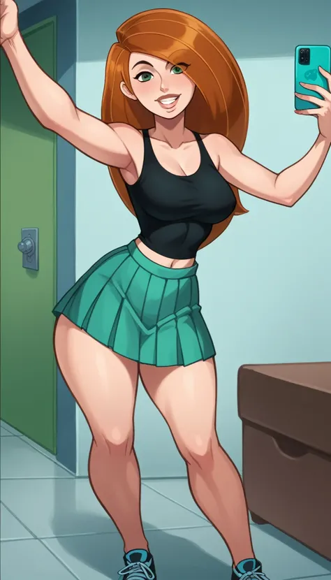 Perfect Selfie , Kim Possible,black tank top , pleated blue miniskirt,Show panty,long hair,green eyes, smile,,thick thighs,smile,large breasts,vibrant cores, lipstick and lip gloss , neckline movie highlight,background room, Random pose,beautiful legs