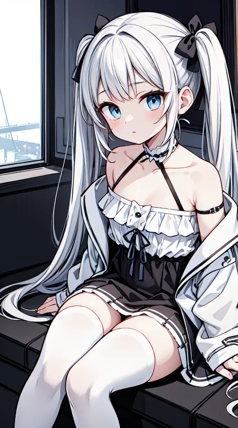  Attilio _Regolo (azur_ roadway ),twintails,white jacket, Off-Shoulder-Kleid, Loop, white_legwear,inside, sitting,, masterpiece,  best quality,  extremely detailed face,  sharp details , High contrast,