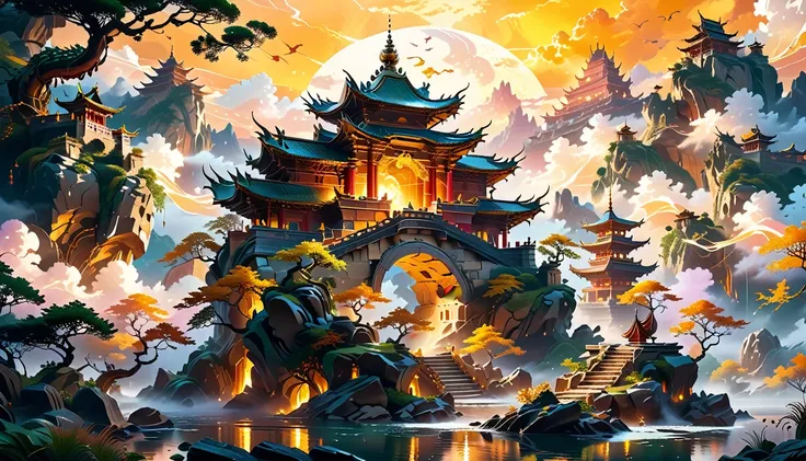 A Masterpiece In 32K Resolution, Supreme Quality, Super Detail, Official Art, Very High-Resolution 32K Wallpaper, Beautiful And Aesthetic, Ultra-Detailed Features, Awe-Inspiring Detail. A Floating Monastery Hangs In The Sky, Its Stone Foundations Hovering ...