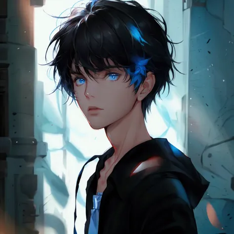 high resolution,  high detail,  very detailed, black hair, blue eyes, simple background, solo, one man,