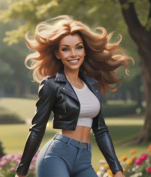 cartoon aesthetic, full body portrait, professional headshot, katnolanv2, big boobs wearing a tight tshirt and a leather jacket and low-rise jeans, standing and posing in a beautiful park full of flowers and trees, medium close up, sharp focus, simple art,...