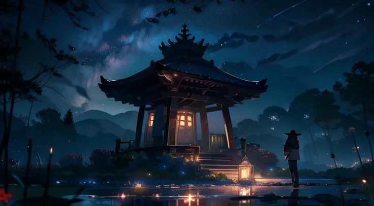  Master , nice, landscape, (((_Public Relations))), night, Flor, Jardin, Starry Sky, constellation, Wonderful, Vista, water, warm, Cozy, Peaceful, meteor, Cosmic, magic, magic, details, Just, ((Firefly))