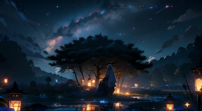  Master , nice, landscape, (((_Public Relations))), night, Flor, Jardin, Starry Sky, constellation, Wonderful, Vista, water, warm, Cozy, Peaceful, meteor, Cosmic, magic, magic, details, Just, ((Firefly))