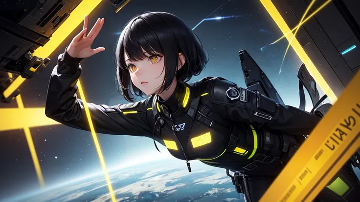 from future intelligence, technology background, complex mission, sudden mystery, unexpected result, confident look, space black pioneer dress, yellow eyes, black hair
