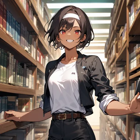 Best Quality, masterpiece, cute woman, smiling, short cut, dark skin, dark hair, red eyes, [toned arms, small breasts, ((black jacket with rolled up arms)), ((white headband)), open jacket, white T-shirt, brown belt, black slacks, bag, white sneakers, (rea...