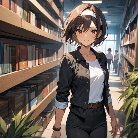 Best Quality, masterpiece, cute woman, smiling, short cut, dark skin, dark hair, red eyes, [toned arms, small breasts, ((black jacket with rolled up arms)), ((white headband)), open jacket, white T-shirt, brown belt, black slacks, bag, white sneakers, (rea...