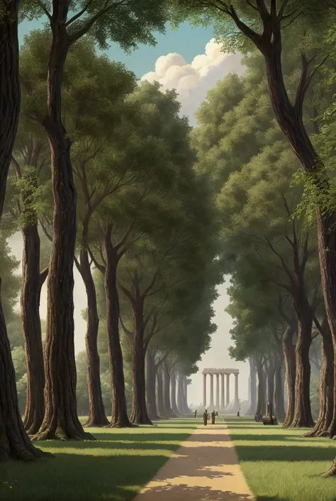 ralph-mcquarrie style, sci-fi greek architecture, beautiful forest meadow scene, tall buildings, open green spaces, oil painting, highly detailed, photorealistic, 8k, best quality