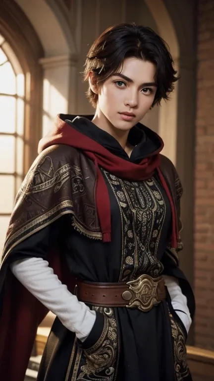 (realistic oil art, image up to the waist, 20-year-old princess, British, black eyes, vibrant look, redhead, short hair), ezio auditore tunic, hooded, black, brown, red details, ornaments, freckles on 10% of the cheekbone, perfect face, critical camera, bl...