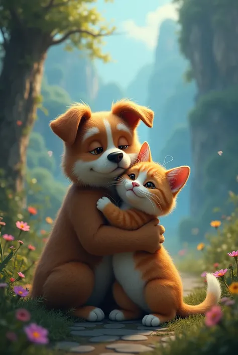 realistic hugs dog & cat magical epic cinematic imagination