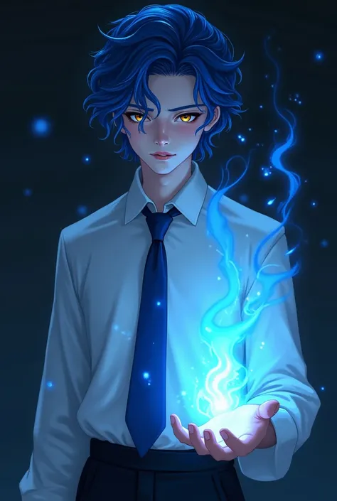 Shining Blue Fire Hair 。 Irregularly Flickering Fire Hair 。 Loosely Tied on His Left Shoulder 。Golden eyes like the full moon。 Beautiful Boy Who Seems Nervous and Delicate 。Pale skin。Blue Lips。Blue eyeshadow。White blouse。Sapphire Bolo Tie。Black Pants。White...