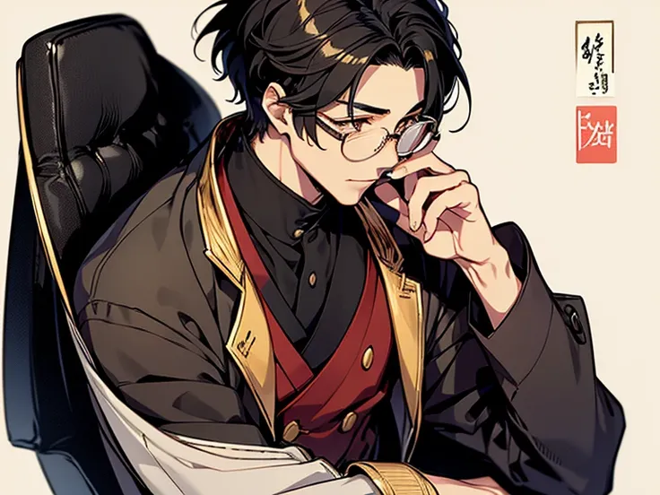 30-year-old male,Black hair, black eyes, white solid color background ,Taisho Romance,Taisho period,calligraphy style clothes , intellectual impression ,Silver glasses,Doctor,Masterpiece, bust up picture,tall,Skinny,People only,Short Hair,Golden Ratio