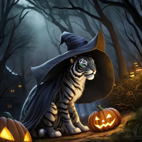 Masterpiece, best quality, high quality,  Halloween, (((feral))), 1feral white tiger, Solo, has Green eyes, wearing a witch costume, cape, hat, headgear, female,  fur, leaning her paws on the witchs cauldron,  raised tail, looking at viewer, smiling, tail,...