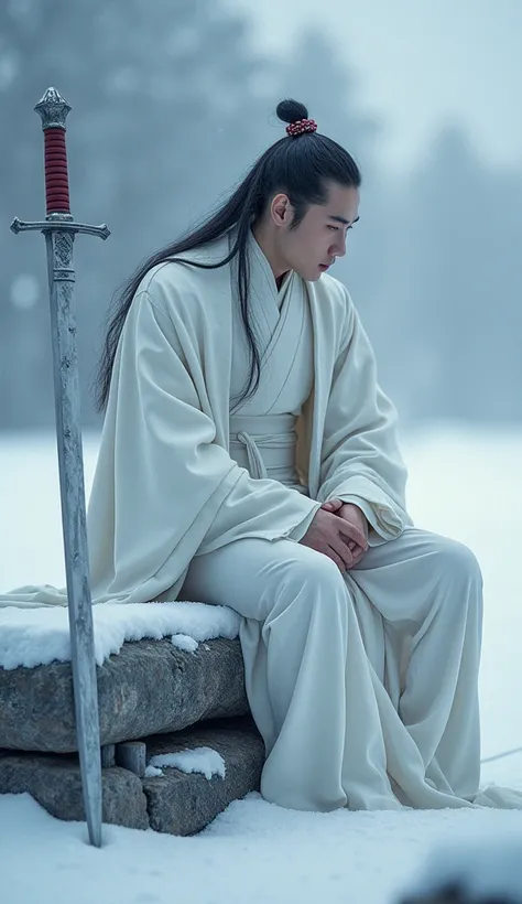 （masterpiece:1.3),( Best Quality :1.4),(actual:1a.4）ice,,一位中式男子, Young and cool , White Long Liu Haiyi  , Wearing a White Han Coat ,Mink cape , There is a Chinese man sitting in front of a sword ,ice蓮花設計,of the sword,優雅又別製of the sword,close-up,high detail,...