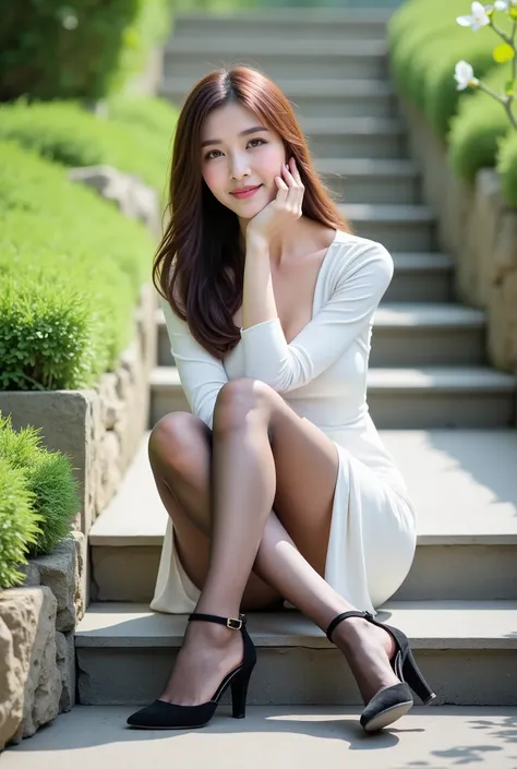 a photorealistic image of a young slender east asian woman sitting elegantly on outdoor stone steps. she has long, wavy brown ha...