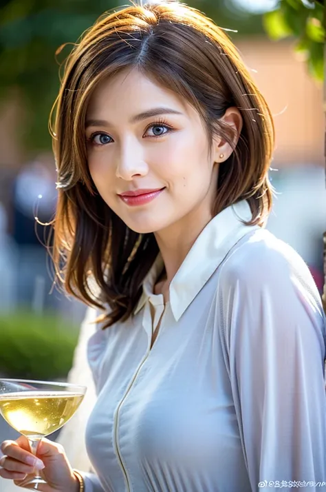 ((White Wine)),((Wine Glasses)),(Realistic, 超Realistic:1.4), 16K HDR, High resolution,((White Wine)),((Wine Glasses)),Happy smile、short hair,The best smile、Japanese actress,so beautiful(It looks like the real thing),dress、Slim couple、Model Couple、(Realisti...