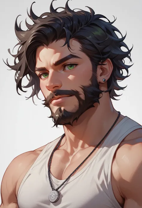 human  male , green eyes, black messy hair ,beard  ,