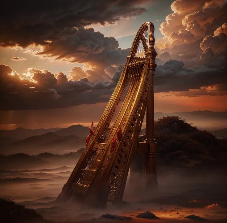 detailed golden harp, dramatic cloudy sky, blood-red clouds, cinematic lighting, intricate detailed rendering, fantasy art, digital painting, highly detailed, 8k, photorealistic