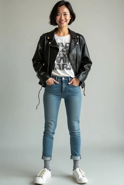 Neat Southeast Asian woman、Short Haircut、、Leather jacket、smile、 starwars shirt,, likes Star Wars, marvel and skateboarding, all interests should be inclouded, she should wear something deadpool or Spider-Man themed, a whole body shot with a neutral backgro...