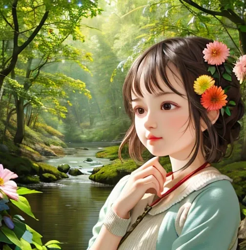 girl in a forest with floating flowers, river, puffy, puffy cheeks, cute,
vibrant colors, colorful art style, 
soft lighting, soft shadows, detailed textures, dynamic lighting,  
nice hands, perfect hands, 
