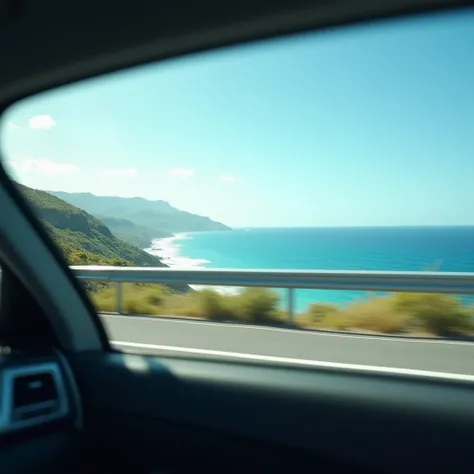 Summer sea seen from the left passenger seat of a car driving downhill, horizon,