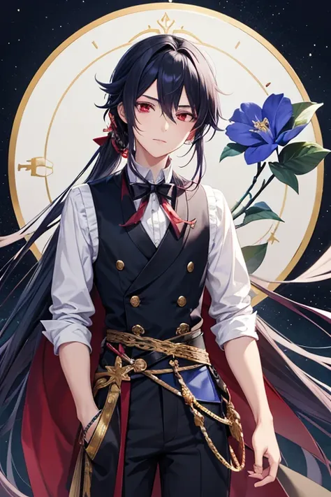 Anime young man with sharp red eyes featuring long indigo hair tied with a black ribbon decorated with a blue flower ,Fair skinned and wearing all the fantasy clothes of the Nile Idol represented by a long vest decorated with a stripe on the waist except f...