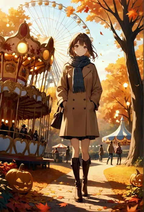 a beautiful anime-themed image of a stylish Japanese college girl standing in an autumn-themed amusement park, where both the girl and the park are central to the scene. Inspired by the elegant, detailed style of Makoto Shinkai, known for his atmospheric a...