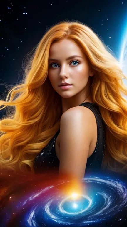 young blonde woman natureal dressed in the sun, yellow eyes, long curly orange hair coming out of a black hole in the center of the galaxy, consistent realistic image macro ultra hd 8k vivid