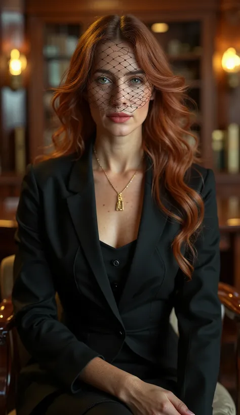 long wavy hair, black pillbox hat, (black birdcage veil covering eyes and upper half of face:1.37), sexy lips, red lis, perfect face, irish woman, reddish hair, pale skin with tiny freckles, tailored black blazer with gloves, thin golden necklace, black mi...