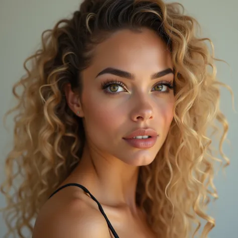 The portrait depicts a girl with flawless anatomical facial details, seductive make-up, presenting a seamless blend of diverse nationalities and skin tones. Her curly drill blonde hair, varying in length and color in every one image different like (1. imag...