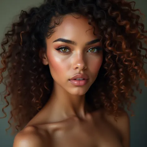 The portrait depicts a girl with flawless anatomical facial details, seductive make-up, presenting a seamless blend of diverse nationalities and skin tones. Her curly drill hair, varying in length and color in every one image different like (1. image—red, ...