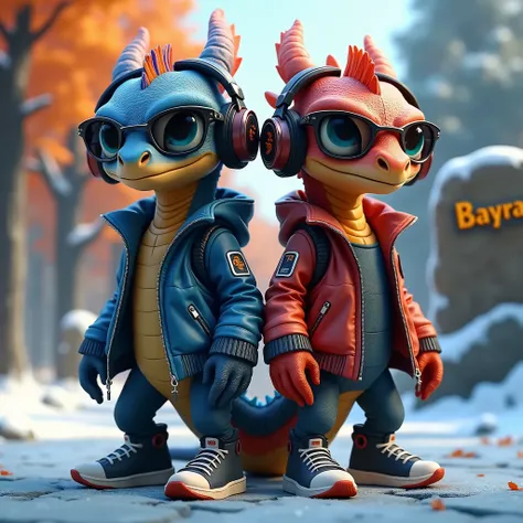  Two little Dragon s .  Cool sports sneakers The headphones on the head are large for music  ,  and stylish sunglasses in stylish leather jackets .  Cool nike .  with beautiful blue eyes . They stand with their backs to each other .   detailed snow scales ...