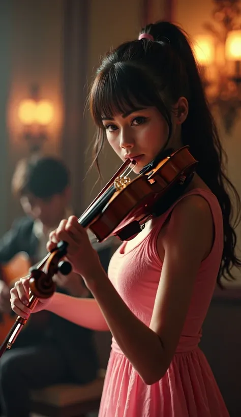 ((Photorealism:1.2)) a 29 yo woman wearing dress pink shoes medium hair tied ponytail with bangs playing violin and A blur man playing guitar . 29 years old beauty woman . dramatic lighting dark, epic situation, beckground ornament lightng text her name "p...