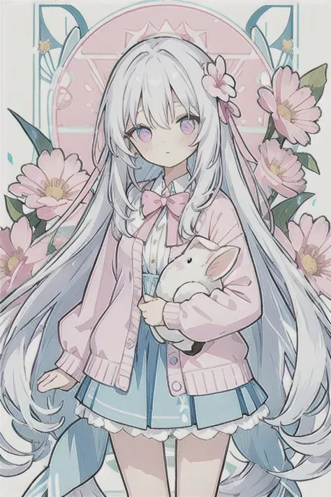 · human · white hair 、very long hair, light blue left eye、 right eye · pink eye · flower-shaped pupil · loose blouse · pink card...