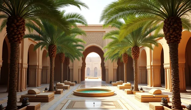 The interior of a terrace with palm trees in Saudi Arabia from the year 1400 no characters 