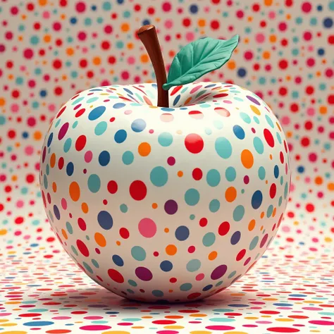 Countless polka dots are painted on the surface of the white apple 、 with countless polka dots painted on the surface、Yayoi Kusamas design 、The background also has the same polka dot design 