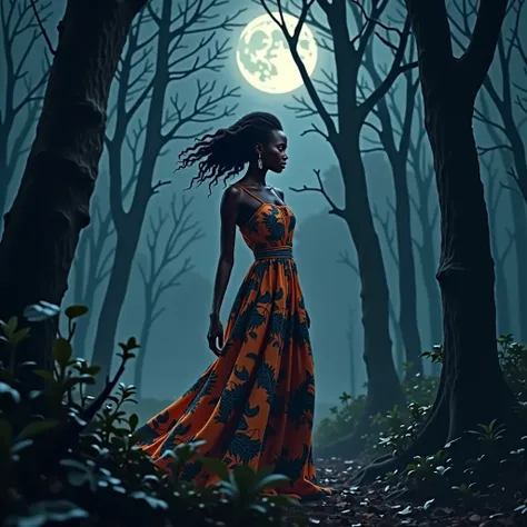 A kind young african woman with chocolate skin called Morwenna in the middle of the night in a--spooky forest wearing African dress culture 