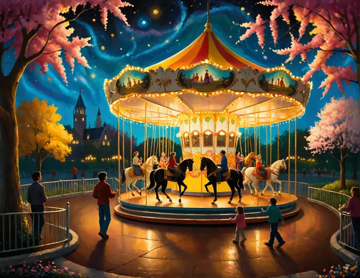 Illustrate a whimsical storybook scene at an enchanting amusement park. The focus is a beautifully ornate carousel, its horses adorned with golden bridles and elaborate patterns, spinning gently under strings of twinkling fairy lights. ren in bright clothi...