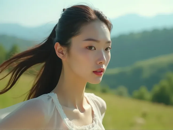 Close shot，A pretty, sexy, fair-skinned girl like Liu Yifei runs fast in a place with nice scenery