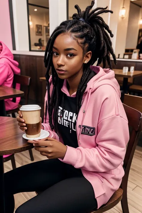 a ebony girl, dreadlock hair,dressed in a pink hoodie overzise and a black legging, sitting in a restaurant chair, holding a cup of coffee