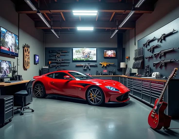 masterpiece, best quality, high res, 8k, wide shot of a modernized luxury two-car garbage, tool boxes, mechanic equipment, a gun rack with highly detailed AR-15 rifles and various firearms, two LED TVs displaying local news, a desk and with a desktop compu...