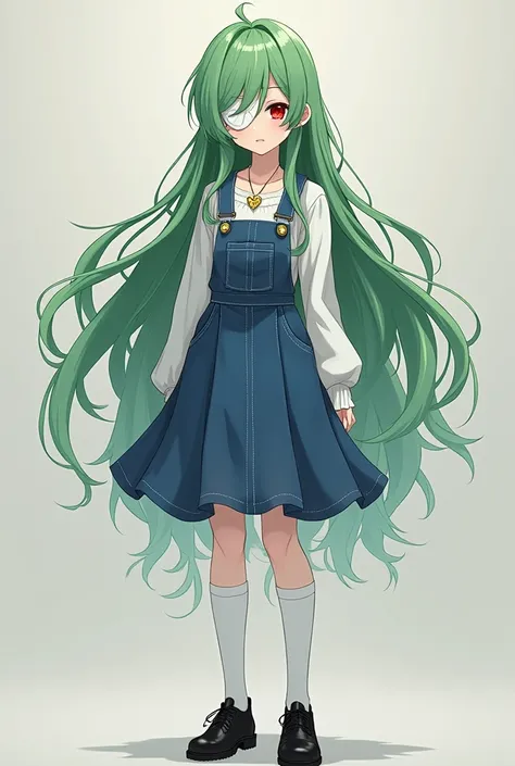 Long green hair red eyes pale skin white eyepatch on the right eye and wears blue jean overall skirt long sleeved white shirt knee high white socks black lolita shoes small heartshaped gold necklace and is a anime girl and is tall