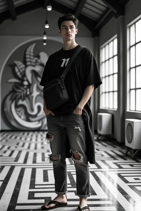 a man 30 year old,standing in a room with a black and white patterned floor. He is wearing a Long black shirt the letter "N" on it, ripped jeans, and black flip-flops. He has a black crossbody bag slung over his shoulder and is looking off to the side with...