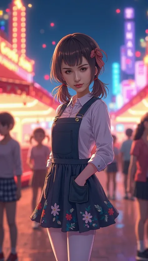 best quality, masterpiece, realistic, photorealistic, 1girl, solo, looking at viewer, smile, full body, standing, low twintails, hair bow, hair hair ornament, hair ribbon, bangs, (in amusement park:1.6), night, light, people, cyb dress, white shirt, pinafo...