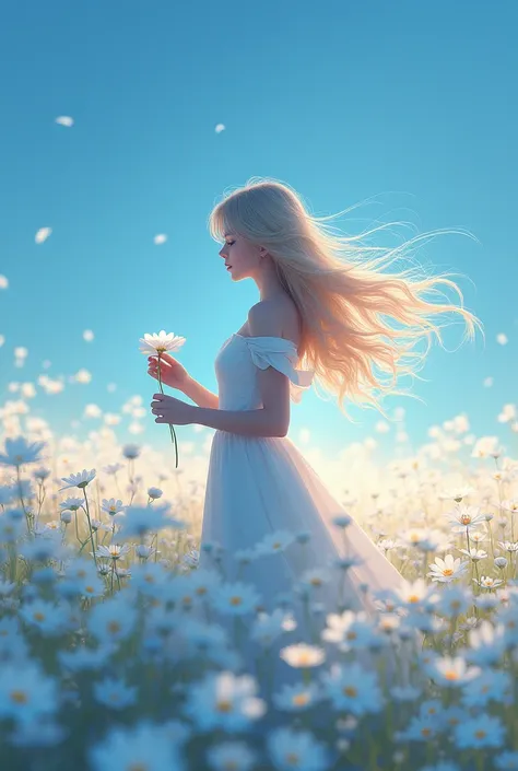 In the clear moonlight of the evening ,  a beautiful girl was standing with a white flower in her hand . Part of her blue sky ,  surrounded by a field of white flowers .  her beautiful blond hair mixed with iridescent colors is blowing in the wind.
