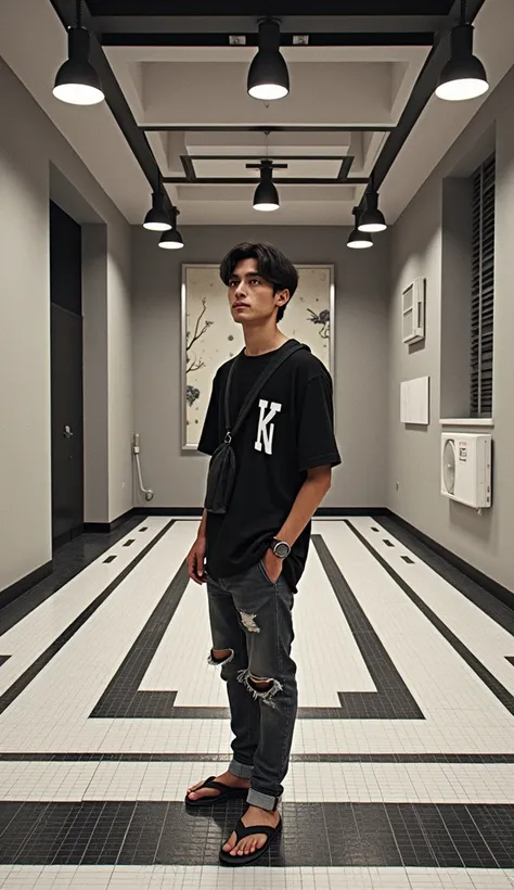 a man 30 year old,standing in a room with a black and white patterned floor. He is wearing a Long black shirt the letter , ripped jeans, and black flip-flops. He has a black crossbody bag slung over his shoulder and is looking off to the side with a seriou...