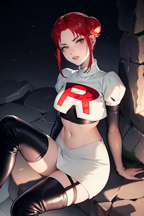 femonica, hair bun, braid,red eyes ,glossy lips ,team rocket uniform, red letter r, white skirt,white crop top,black thigh-high ...