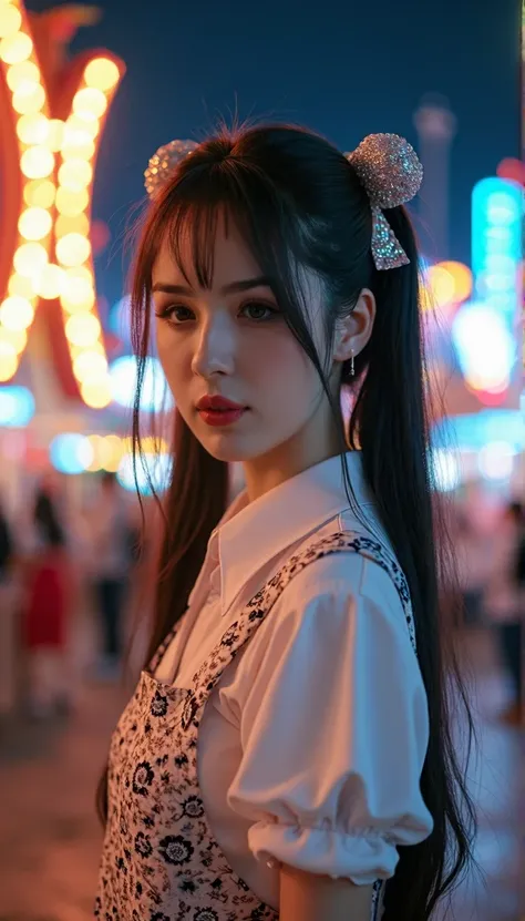 A photorealistic masterpiece of an alluring chinese actress standing in an amusement park at night, bathed in warm light from the rides and stalls. Shes looking directly at the viewer with an inviting smile, her long twintails flowing down her back, tied w...